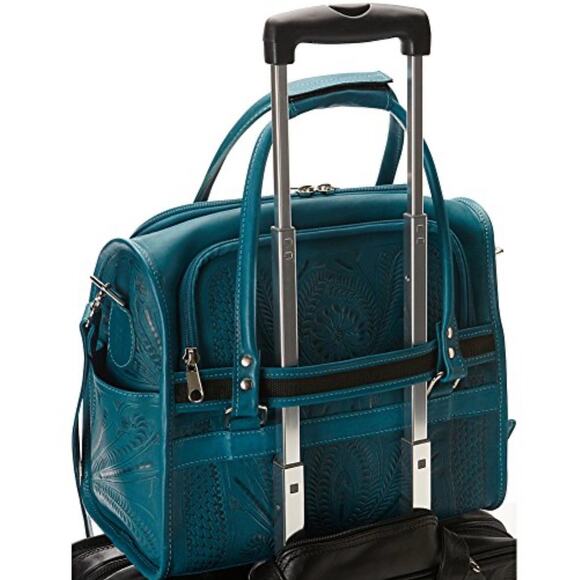 ROPIN WEST VANITY TRAVEL BAG CASE GENUINE HAND TOOLED LEATHER TURQUOISE GREEN - Picture 2 of 13